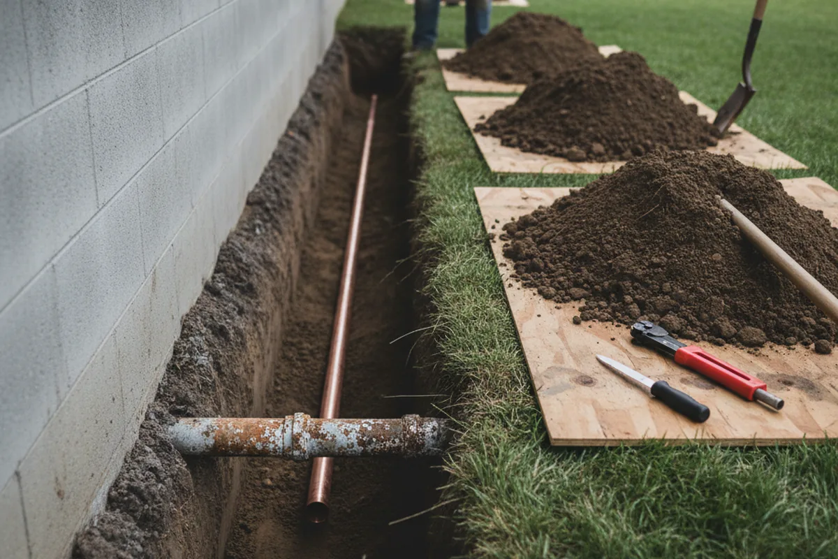 Excavated water line trench during Water Softener Installation in Kearneysville